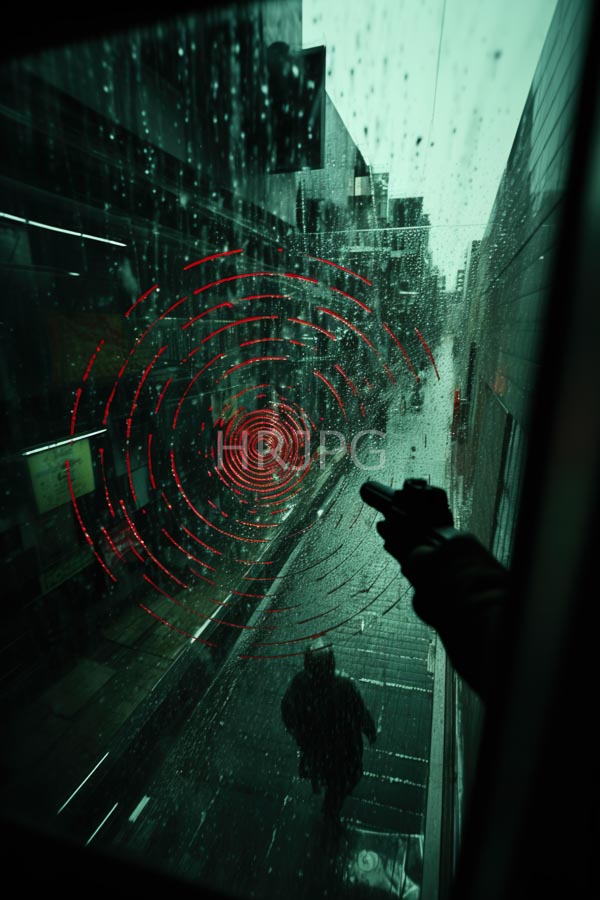 High Resolution: Urban street viewed through rain-streaked glass features red concentric circles on one side and silhouetted buildings with a dark-gloved hand pointing towards the distant download. | HRJPG.com