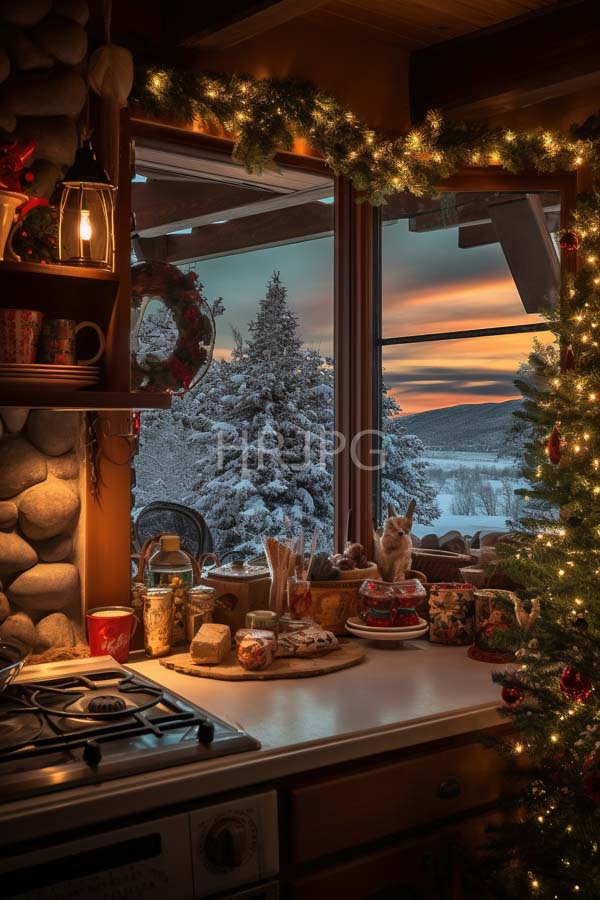 High Resolution: Cozy rustic kitchen at sunset with snow-covered evergreen trees outside a wooden cabin interior adorned by Christmas garland and lights on the window frame download. | HRJPG.com