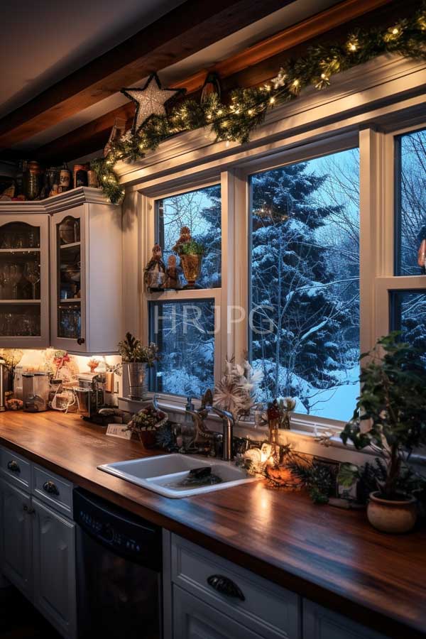 High Resolution: Cozy warmly lit kitchen at dusk with wooden countertops and white cabinets adorned by holiday decorations including green garlands and star ornaments download. | HRJPG.com