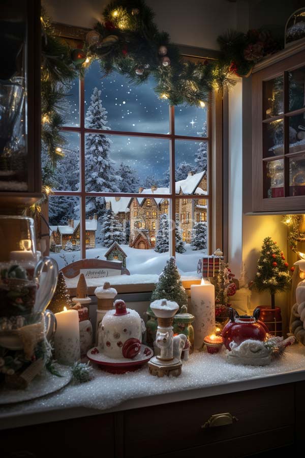 High Resolution: Intricately decorated kitchen window at night showcasing snow-covered houses and trees under starry skies adorned with garlands and fairy lights download. | HRJPG.com