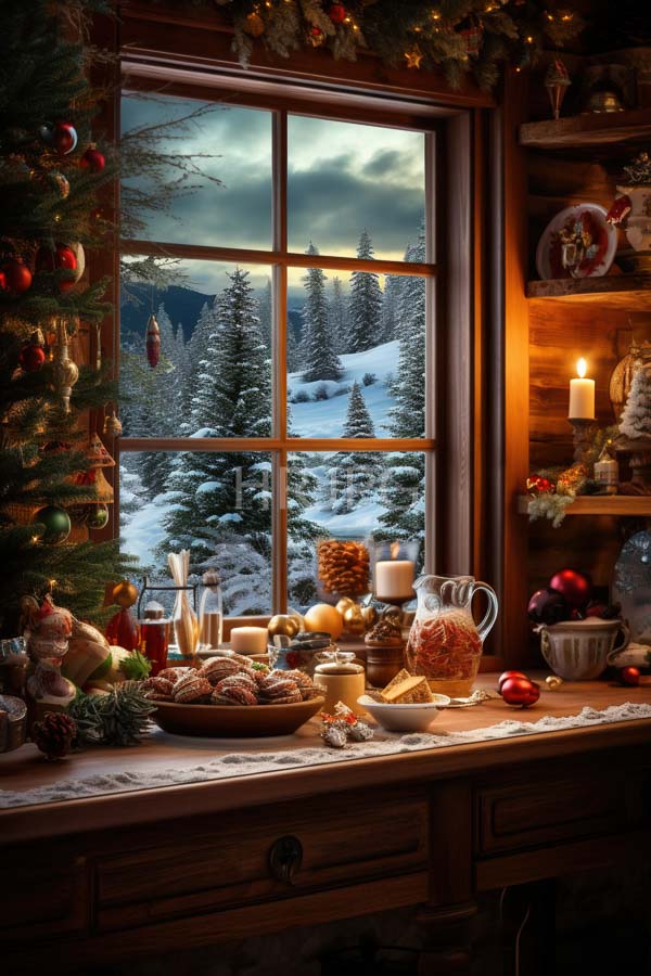 High Resolution: Inviting warmly lit wooden kitchen window during winter with snow-covered pine trees and mountains outside adorned with festive decorations and lit candles download. | HRJPG.com