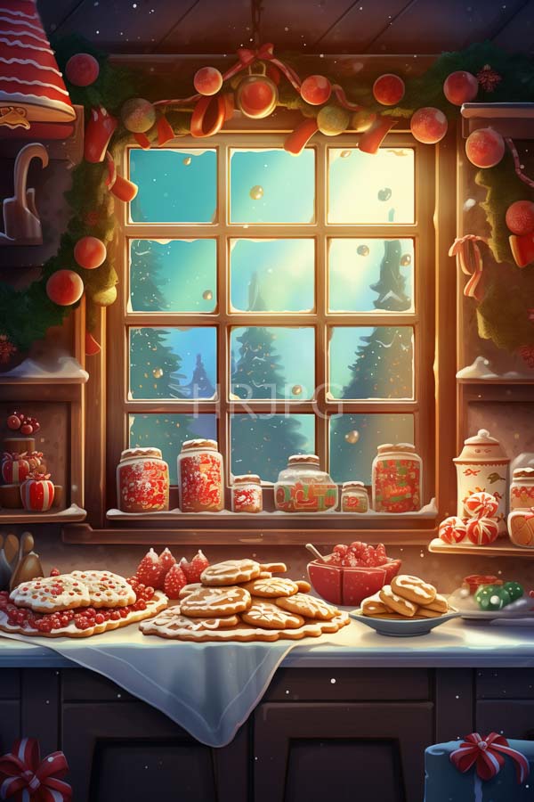 High Resolution: Inviting festive kitchen with warm lighting and Christmas decorations a large window shows a snowy forest at dusk with cookies and candies on display download. | HRJPG.com
