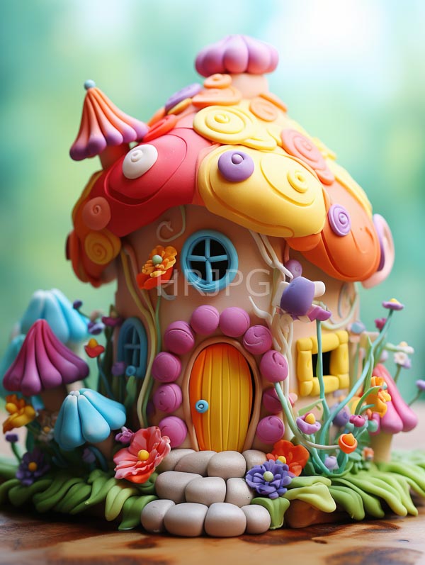 High Resolution: Intricately detailed whimsical fairy-tale house made from colorful pastel-colored fondant and icing with swirling mushroom-like roof elements and flower-shaped decorations download. | HRJPG.com