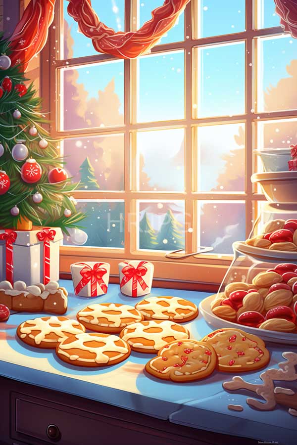 High Resolution: Cozy kitchen window scene bathed in warm sunlight with snow-covered trees outside star-shaped cookies topped with white icing beside red-decorated sugar-cookies download. | HRJPG.com