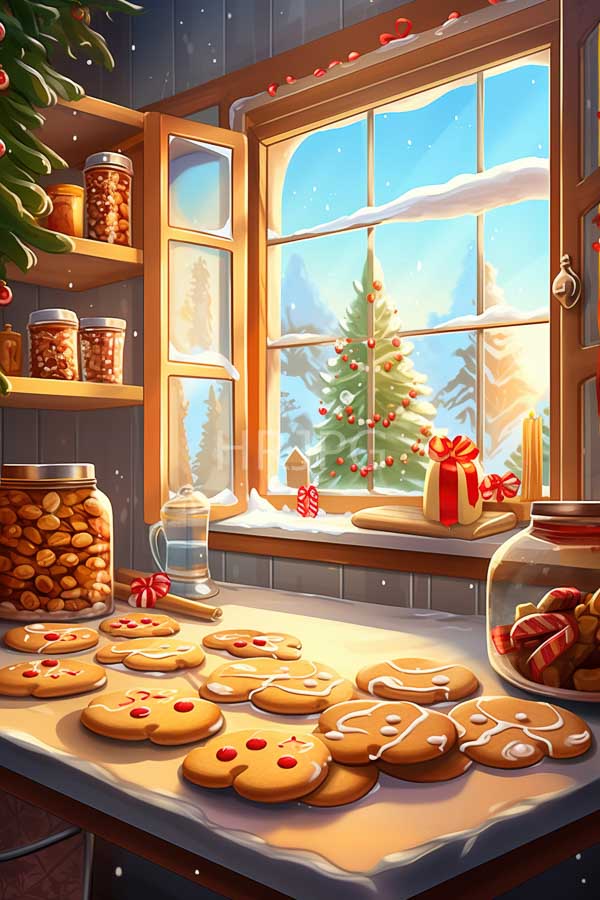 High Resolution: Cozy kitchen with sunlight streaming through an open window showcasing snow-covered pine trees and mountains outside with decorated gingerbread cookies on a wooden table download. | HRJPG.com