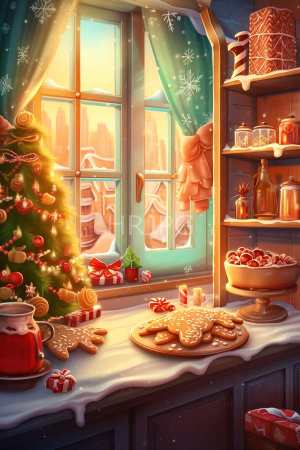 High Resolution: Cozy sunlit kitchen with teal window curtains adorned by snowflakes a decorated Christmas tree and gingerbread cookies on a white-clothed counter download. | HRJPG.com