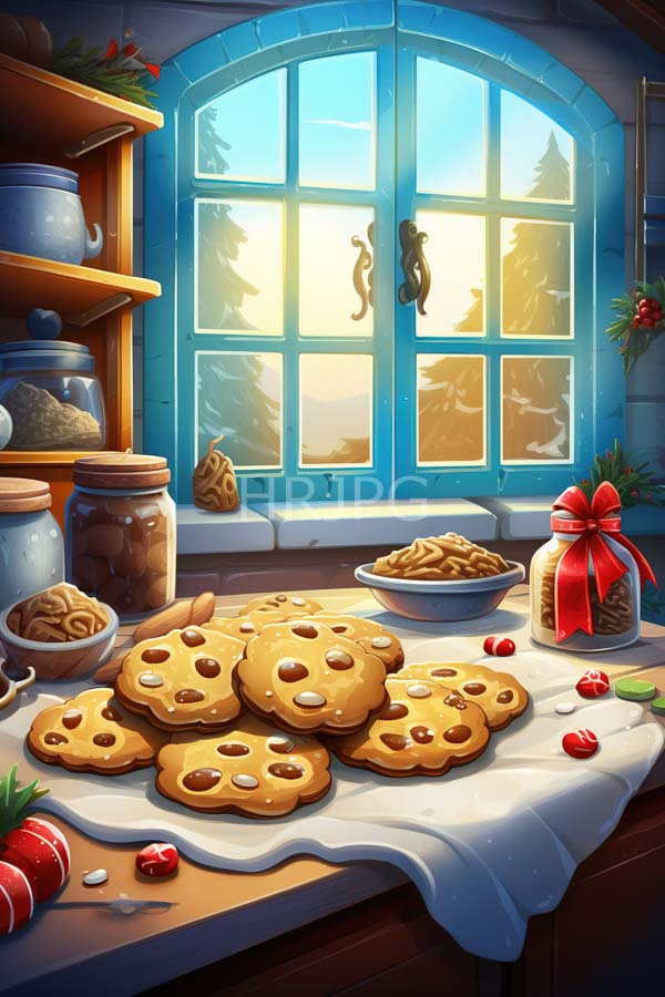 High Resolution: Cozy kitchen with a blue-framed arched window showing snow-covered trees and sunset light with stacks of chocolate chip cookies on a white cloth tablecloth download. | HRJPG.com