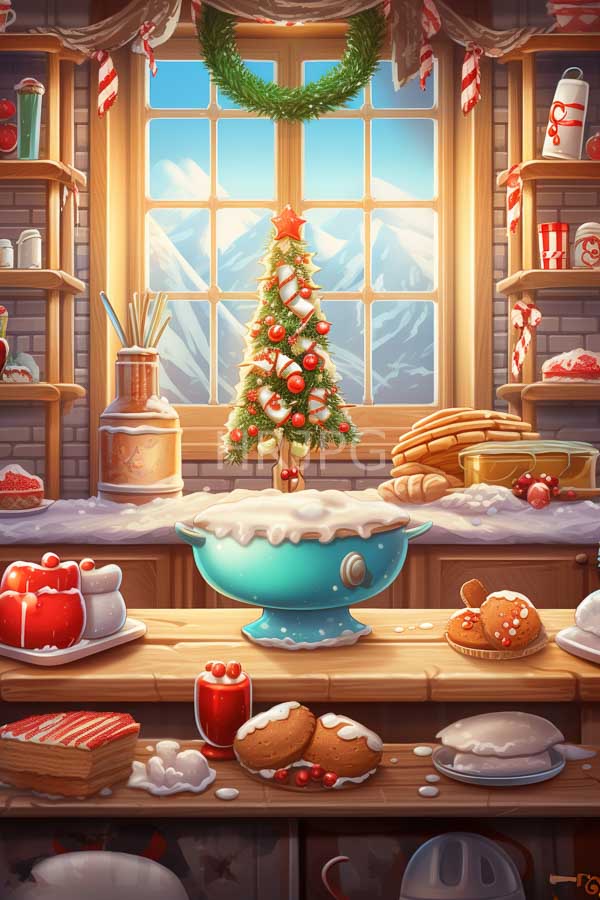 High Resolution: Cozy festive kitchen with wooden shelves filled with holiday-themed dishes and decorations a central blue bowl holds a snowy Christmas tree adorned in red ornaments download. | HRJPG.com