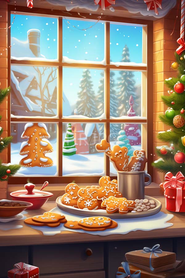 High Resolution: Cozy kitchen window view during Christmas featuring snow-covered houses and trees outside with an assortment of decorated gingerbread cookies on wooden countertops download. | HRJPG.com