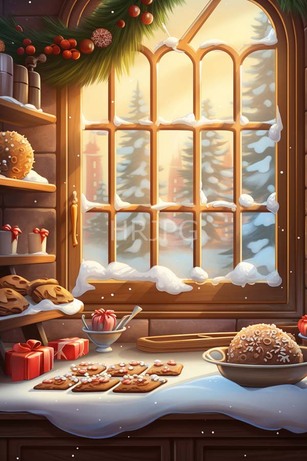 High Resolution: Cozy snow-covered kitchen window at sunset with festive decorations and baked goods on display with cookies beside red-wrapped gifts under green garlands download. | HRJPG.com