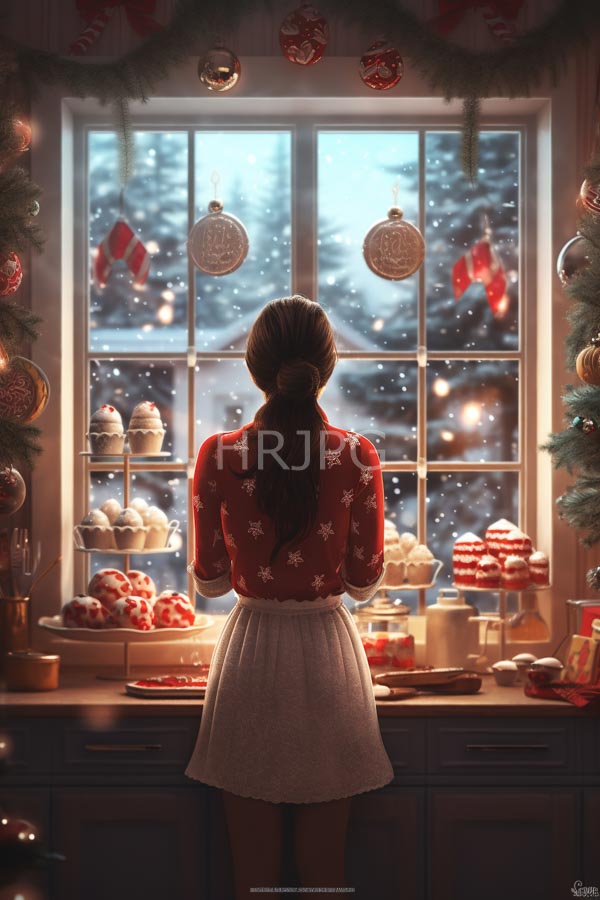High Resolution: Woman with long brown hair in pigtails wears a red snowflake-patterned blouse standing before an illuminated window adorned with Christmas ornaments gazing at snowy trees download. | HRJPG.com
