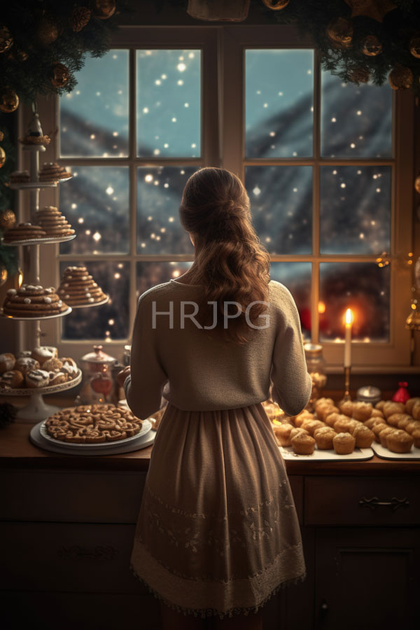 High Resolution: Woman with wavy brown hair in a beige long-sleeve dress stands at a wooden kitchen counter adorned for Christmas facing a window displaying snow-covered trees download. | HRJPG.com