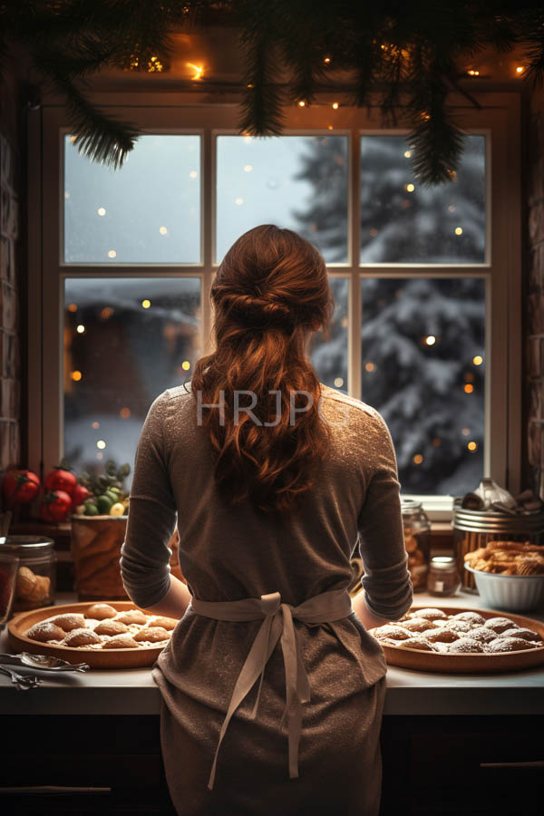 High Resolution: Woman with wavy brown hair in an elegant bun wears a gray dress and white apron standing at a kitchen counter facing a snowy window adorned with Christmas lights download. | HRJPG.com