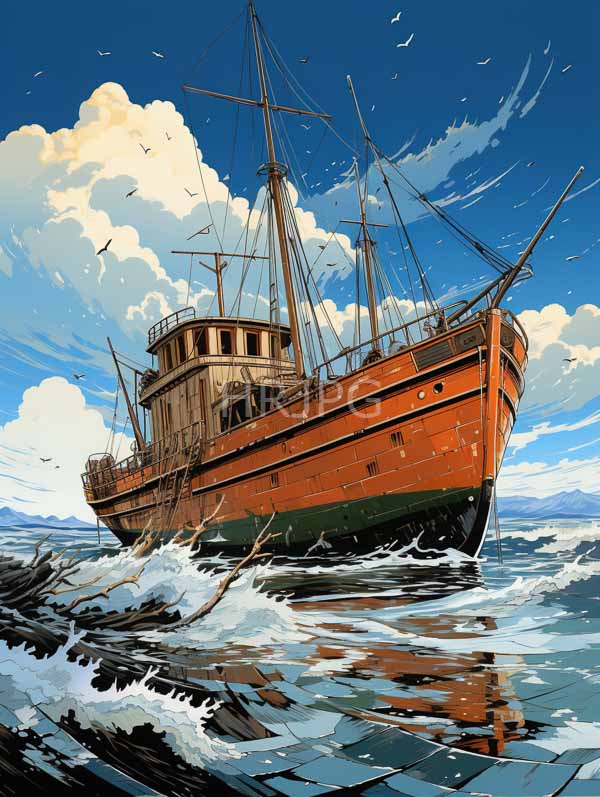 High Resolution: Old rusted wooden ship with green and orange hues sailing through choppy ocean waves under a bright blue sky filled with white clouds download. | HRJPG.com