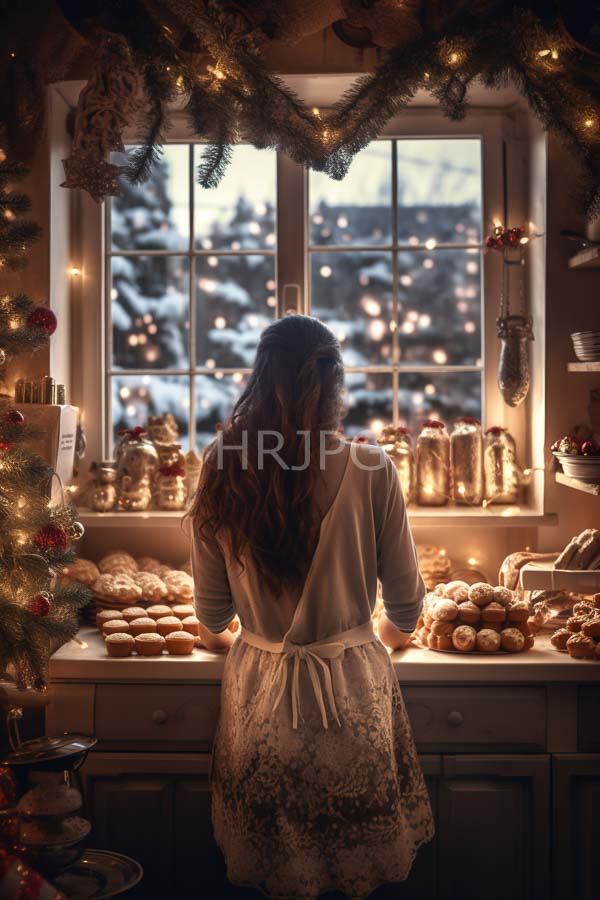 High Resolution: Woman with long wavy brown hair in a white floral apron stands at a Christmas-themed bakery window with snow-covered trees visible outside through the lit windowsill download. | HRJPG.com