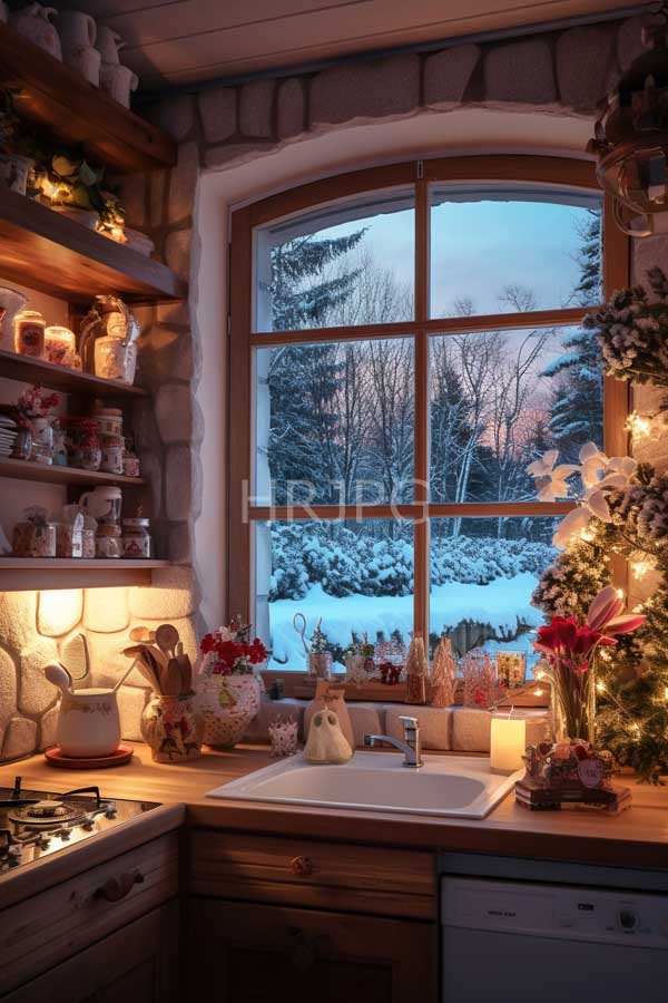 High Resolution: Cozy rustic kitchen at dusk with wooden cabinets and stone walls a large arched window shows snow-covered trees against a twilight sky download. | HRJPG.com