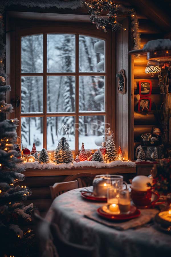 High Resolution: Cozy snow-covered wooden cabin interior with a warmly lit window view showing a snowy forest outside adorned by small Christmas trees and glowing lights download. | HRJPG.com