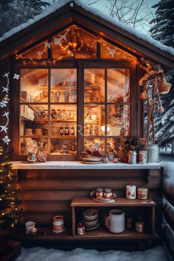 High Resolution: Illuminated wooden cabin window at night adorned with Christmas decorations and fairy lights with a warm orange glow inside and shelves filled with ceramic dishes download. | HRJPG.com