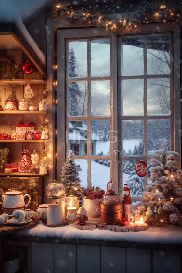 High Resolution: Inviting winter kitchen nook with a snow-covered window adorned by twinkling fairy lights and festive decorations including small Christmas trees in red pots download. | HRJPG.com
