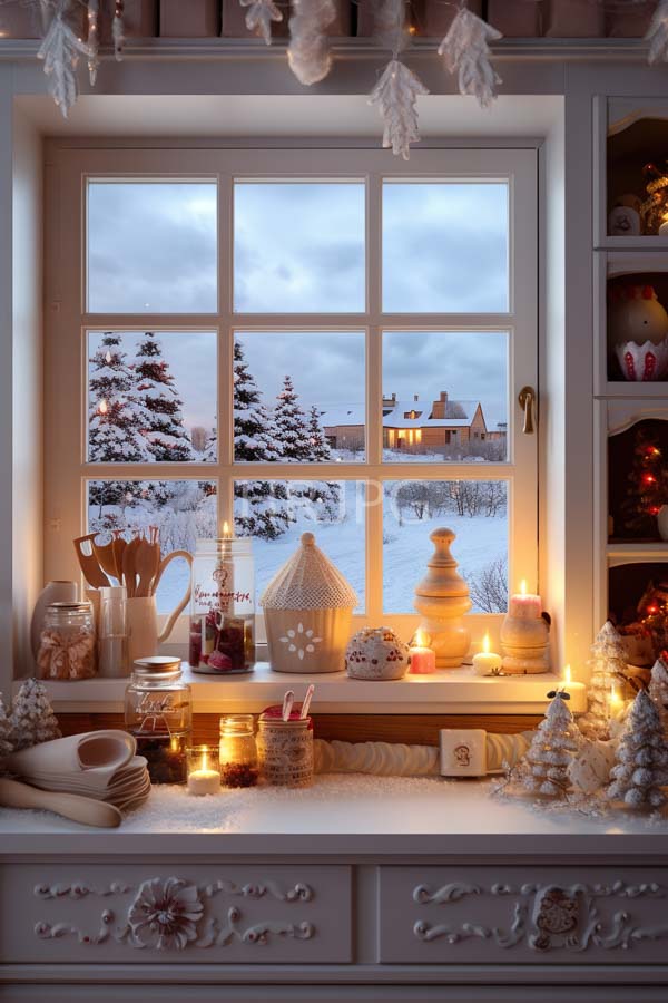 High Resolution: Ornate white wooden window sill adorned with festive Christmas decorations in a winter setting including candles and snow-covered trees viewed through a six-paneled glass window download. | HRJPG.com