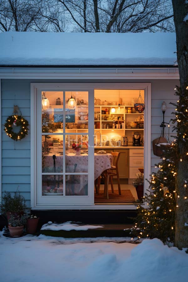 High Resolution: Cozy snow-covered cottage at dusk with warm interior light visible through large glass doors and windows decorated for Christmas with lit garland on a tree and a wooden dining table download. | HRJPG.com