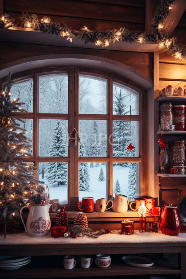 High Resolution: Cozy wooden kitchen window with a snow-covered forest view adorned by Christmas lights and garland above a decorated shelf holds red mugs and a white ceramic pitcher download. | HRJPG.com
