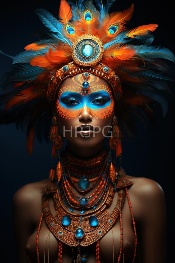High Resolution: African woman with dark skin wears elaborate tribal attire featuring vibrant orange and blue feathers in her headdress with turquoise face paint and beaded necklaces download. | HRJPG.com