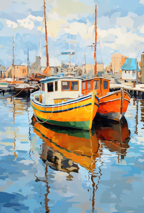 High Resolution: Two brightly colored wooden boats one yellow and green and the other orange-red docked at an idyllic harbor reflecting on calm water under partly cloudy skies download. | HRJPG.com