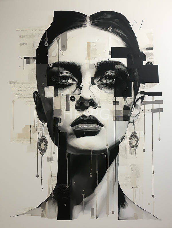 High Resolution: Abstract digital mixed-media portrait of a woman with dark hair and intense eyes in black-and-white tones with geometric shapes and text fragments resembling tears download. | HRJPG.com