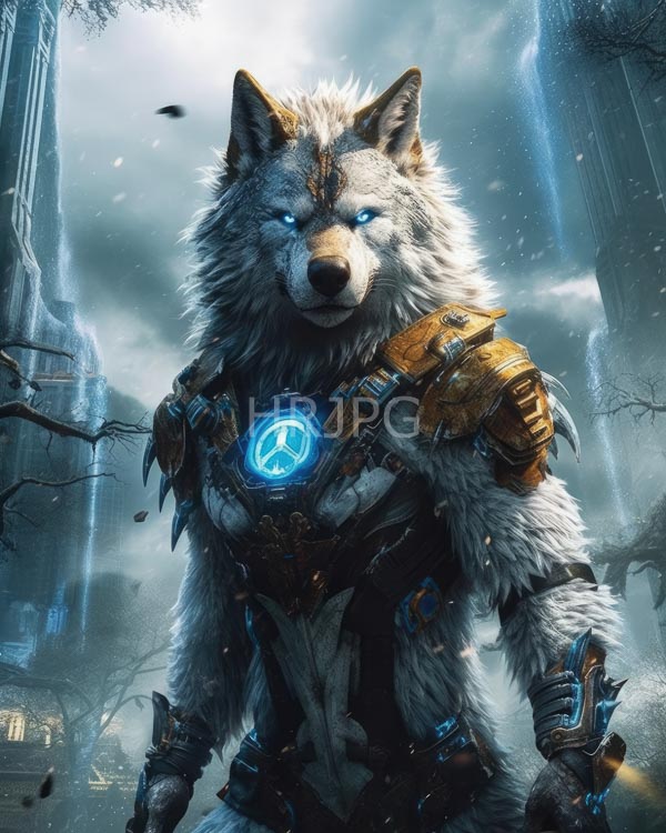 High Resolution: Anthropomorphic wolf with glowing blue eyes stands in ruins under cloudy skies and tall skyscrapers wears futuristic armor featuring metallic gold shoulder plates download. | HRJPG.com