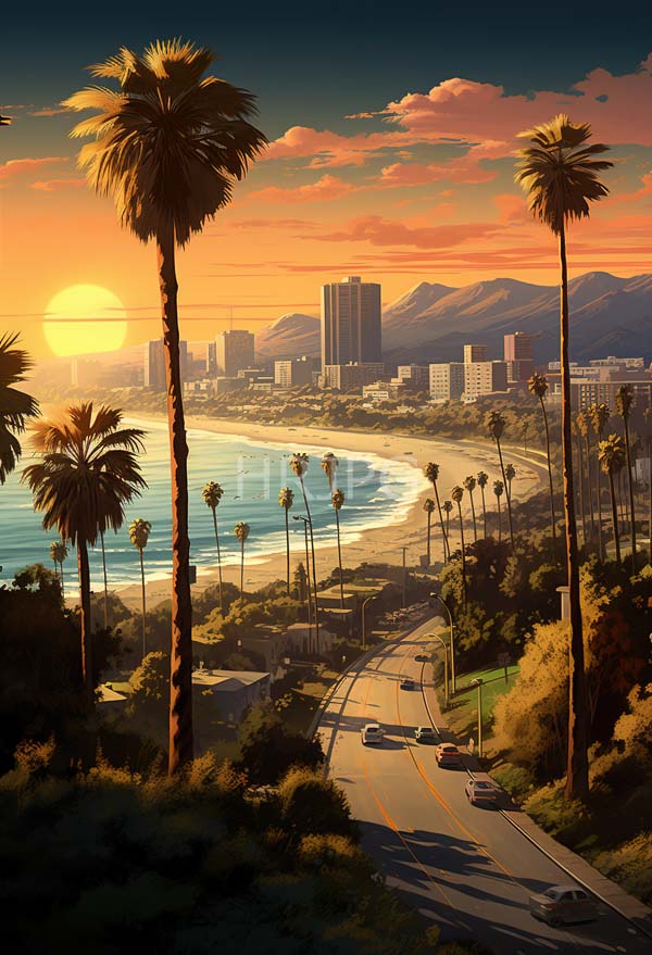 High Resolution: Urban beachscape at sunset features tall palm trees lining a winding road leading to a sandy shoreline with gentle waves under a warm orange and pink sky download. | HRJPG.com