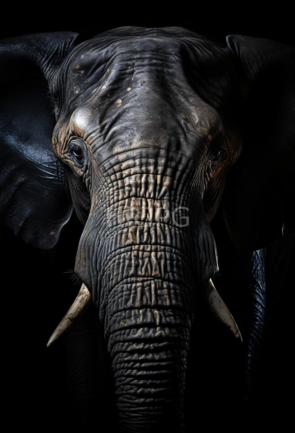 High Resolution: African elephant's face centered against a black background with dramatic lighting highlighting its wrinkled skin texture large ears and visible ivory tusks download. | HRJPG.com