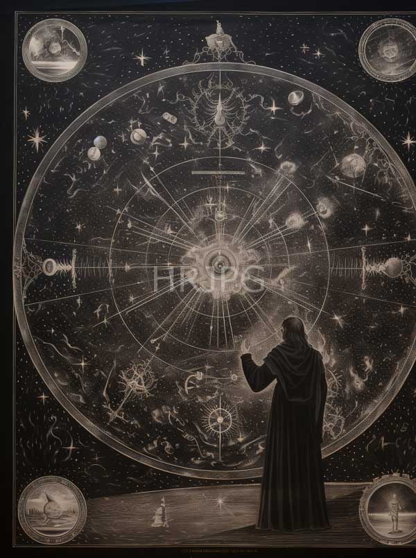 High Resolution: Sepia-toned illustration depicts an astronomically dressed figure in long robes standing on dark terrain gazing at a large celestial chart filled with planets and constellations download. | HRJPG.com