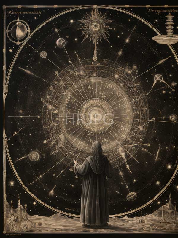 High Resolution: Sepia-toned illustration depicts an ancient robed figure facing away and pointing at an intricate celestial magic circle in space filled with planets stars suns and moons download. | HRJPG.com