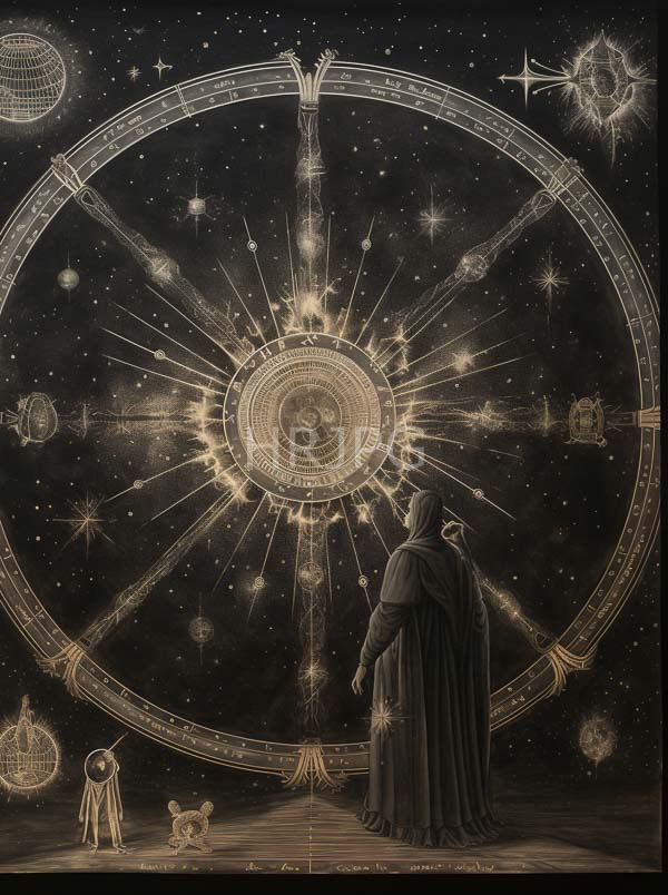 High Resolution: Ethereal dark-skinned woman in flowing black robes stands before a large celestial wheel filled with intricate geometric patterns and radiant lines against a starry night sky download. | HRJPG.com