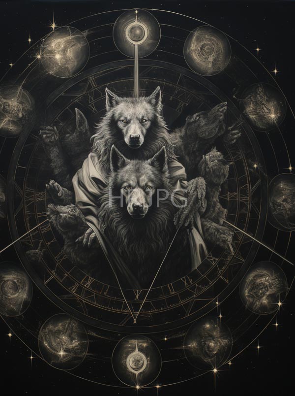 High Resolution: Two realistic wolves with intense piercing eyes one draped in an ancient Roman-style cloak against a black background with concentric circles and lines of gold download. | HRJPG.com