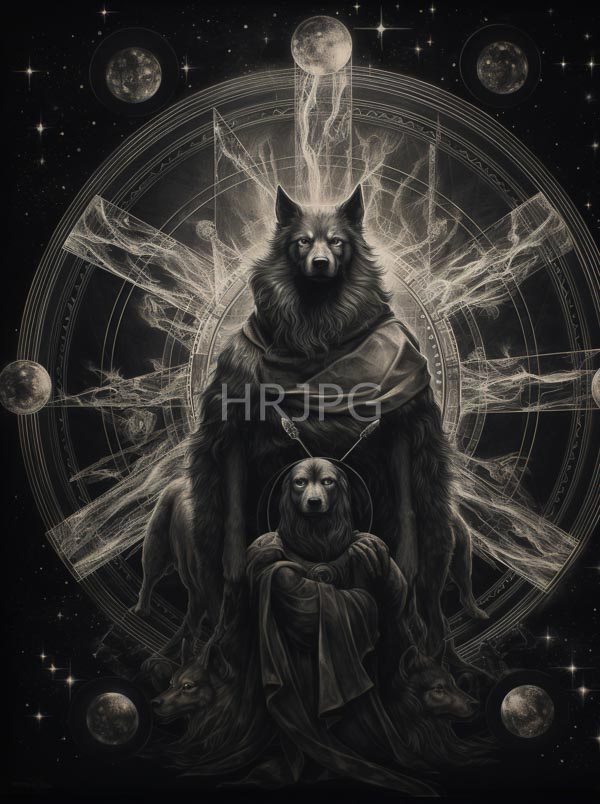 High Resolution: Anthropomorphic wolf with piercing eyes stands behind a smaller humanoid figure resembling a skeletal creature in hooded robes against a celestial background with intricate geometric patterns download. | HRJPG.com