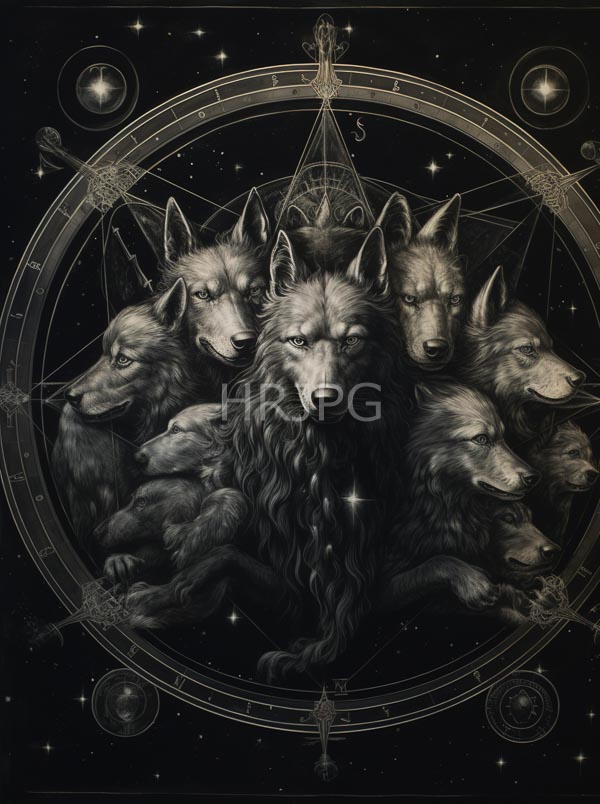 High Resolution: Detailed monochromatic drawing depicts nine wolves with realistic fur textures and expressive faces forming an intricate circular pattern against a starry night sky adorned by astrological symbols download. | HRJPG.com