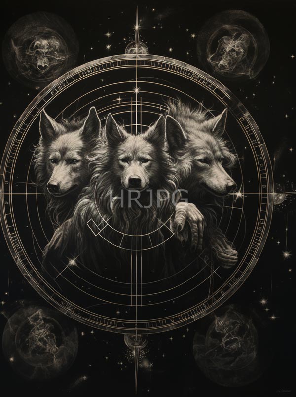 High Resolution: Detailed drawing of three realistic detailed wolves with flowing fur and serious expressions centered within an intricate celestial circle adorned with stars download. | HRJPG.com