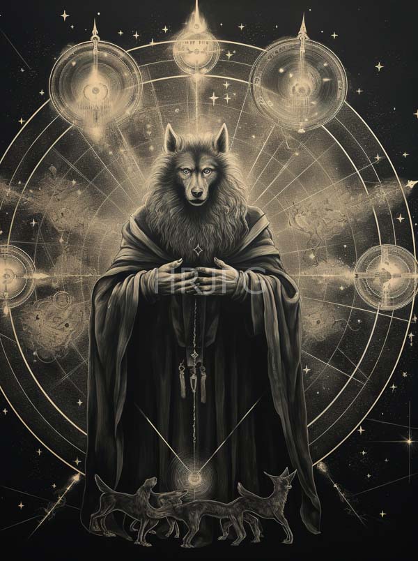 High Resolution: Anthropomorphic wolf with human-like hands wears a flowing dark robe and holds rosary beads standing against a celestial background of glowing circles containing symbols download. | HRJPG.com