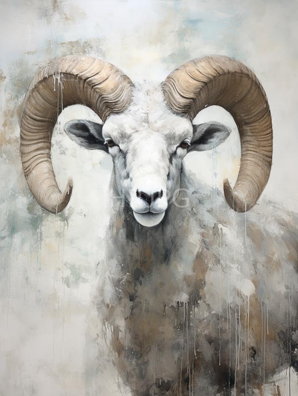 High Resolution: Intricate watercolor painting of a ram with large curved horns facing forward against a textured background blending shades of gray and blue download. | HRJPG.com