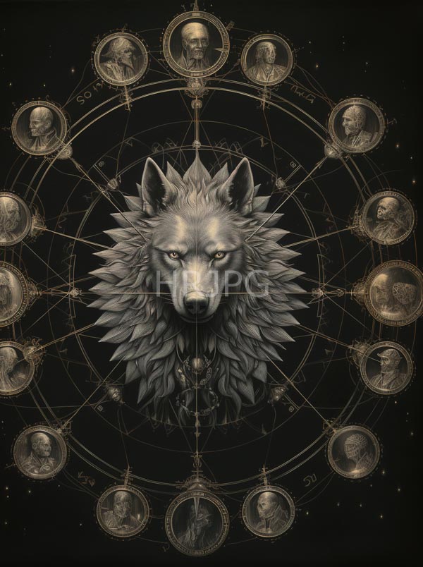 High Resolution: Intricately detailed realistic wolf's head with piercing eyes at center surrounded by twelve circular portraits of historical figures connected via golden geometric lines resembling astrological charts download. | HRJPG.com