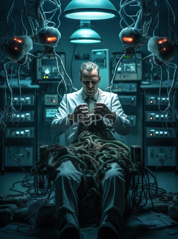High Resolution: Intense dim-lit laboratory scene features a pale-skinned man in a white lab coat meticulously working on tangled organic tissue resembling intestines or roots at his workstation download. | HRJPG.com