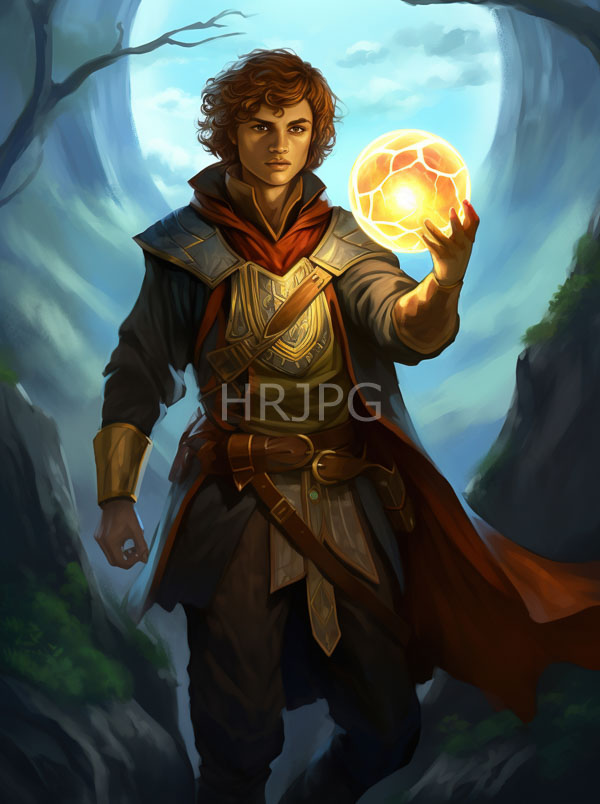 High Resolution: Attractive curly-haired young man with fair skin stands in a mystical forest under moonlight holding a glowing orange orb on his right hand wearing medieval-style armor download. | HRJPG.com