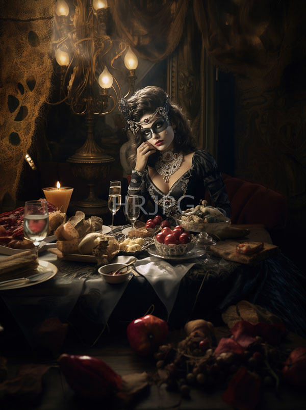 High Resolution: Elegant woman with dark wavy hair and pale skin wears a black lace dress adorned in intricate silver jewelry and Day of the Dead makeup sitting at a dim-lit table download. | HRJPG.com