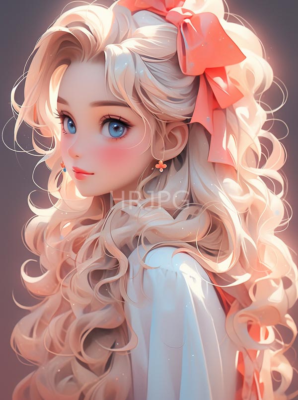 High Resolution: Anime-style portrait of an adorable young girl with long wavy platinum blonde hair adorned by large pink bows and small butterfly earrings wearing white clothing download. | HRJPG.com