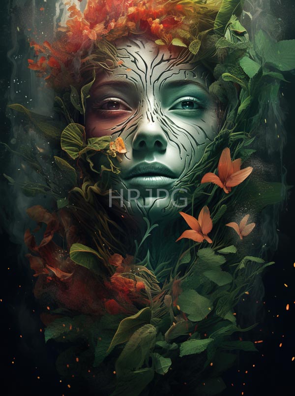 High Resolution: Ethereal green-skinned face with one red eye and one blue-green eye surrounded by vibrant orange lilies lush leaves and fiery flowers in its hair download. | HRJPG.com