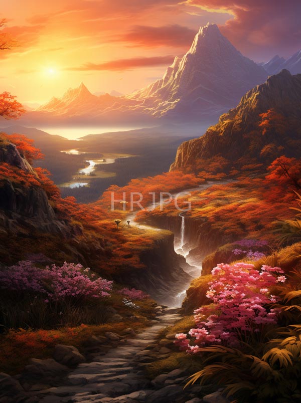 High Resolution: Enchanting vibrant landscape at sunset features towering mountains with jagged peaks in warm orange and purple hues lush autumnal trees and a cascading waterfall download. | HRJPG.com