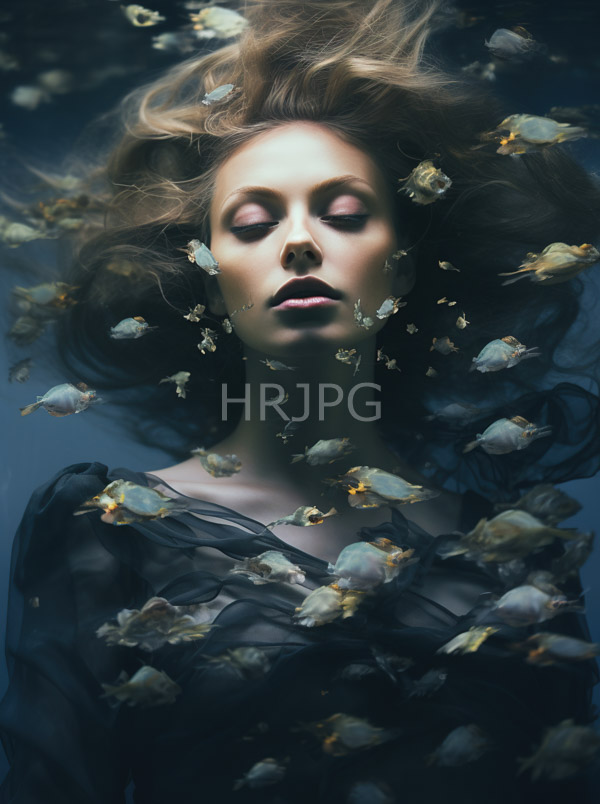 High Resolution: Ethereal fair-skinned woman with closed eyes and a serene expression floats underwater surrounded by small fish wearing translucent black fabric download. | HRJPG.com
