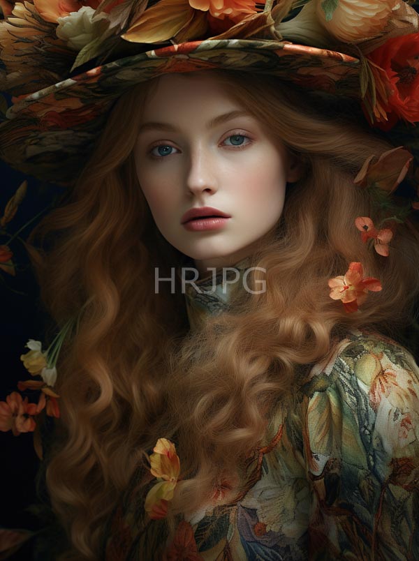 High Resolution: Photorealistic ethereal fair-skinned woman with long wavy red hair and blue eyes wears floral-patterned clothing adorned in orange flowers on her hat against a dark background download. | HRJPG.com